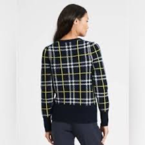Banana Republic Aire Puff-Sleeve Sweater, Navy & Chartreuse Plaid, XL - Picture 3 of 8
